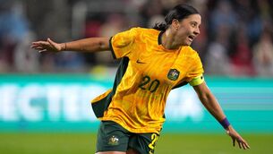 <p>CAPTAIN FANTASTIC: Australia's Sam Kerr celebrates after scoring. Pic: PA</p>