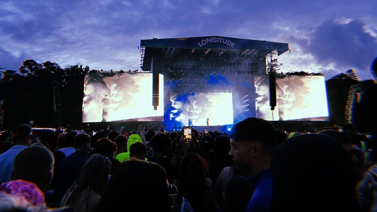 Travis Scott on stage at Longitude 2023. Travis Scott on stage at Longitude 2023.