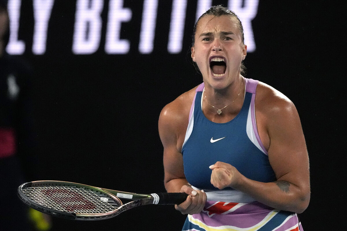 Aryna Sabalenka of Belarus reacts after winning a point against Elena Rybakina of Kazakhstan in the women's singles final at the Australian Open tennis championship in Melbourne, Australia, Saturday, Jan. 28, 2023. (AP Photo/Aaron Favila)