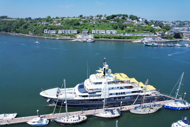 Superyacht Scout berthed at The Dock, Castlepark, Kinsale in June 2023 . The 210' €80m vessel is owned by James Berwind