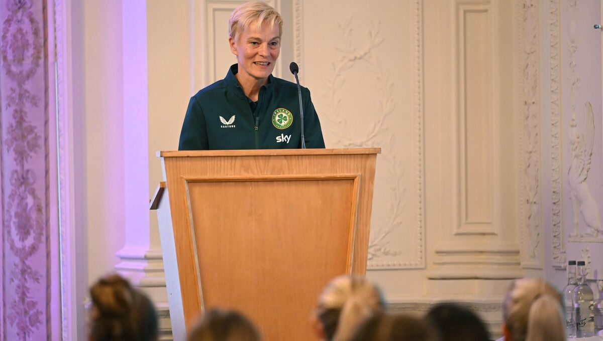 Manager Vera Pauw speaks during the send-off event. Picture: Stephen McCarthy/Sportsfile