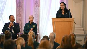 <p>Sports Minister Catherine Martin speaks during a Republic of Ireland Women's World Cup 2023 send-off event at Farmleigh House in the Phoenix Park, Dublin. Picture: Stephen McCarthy/Sportsfile</p>