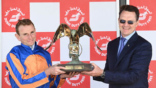 <p>Ryan Moore and Aidan O'Brien after Auguste Rodin won the Dubai Duty-Free Irish Derby (Group 1). Pic: Healy Racing</p>