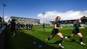 <p>READY, SET, GO: Megan Connolly and Amber Barrett, during a Republic of Ireland women training session at Tallaght Stadium. Pic by Stephen McCarthy/Sportsfile</p>