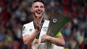 <p>RICE RICE BABY: West Ham United's Declan Rice with the UEFA Europa Conference League Trophy.</p>