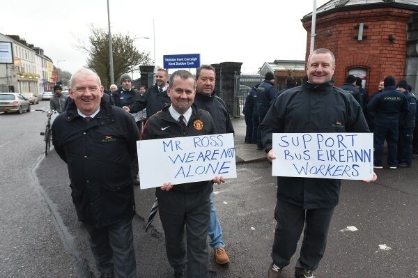 Bus Eireann workers picket outside Kent Train Station, Cork yesterday. Pictures: Larry Cummins