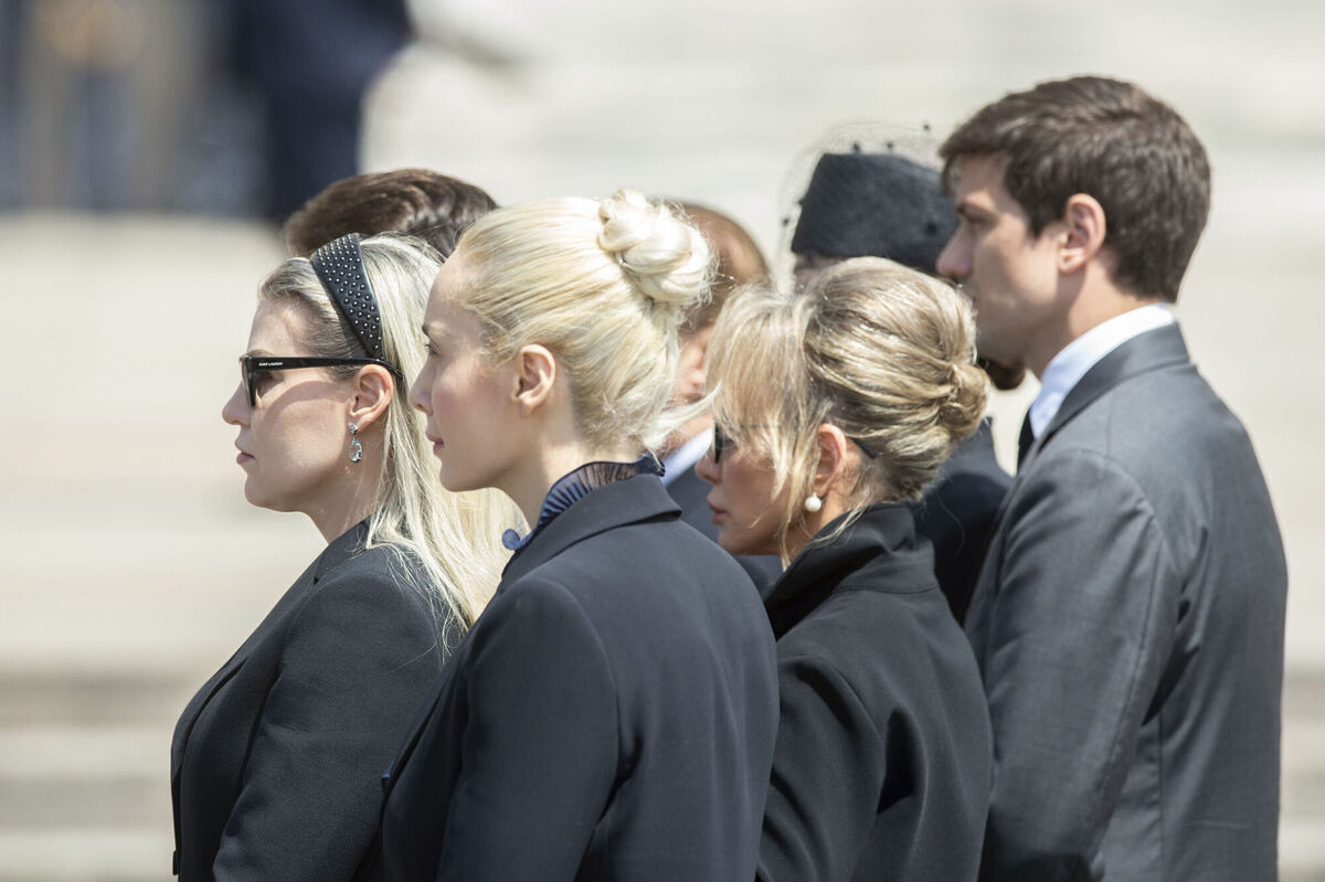 Daughter Barbara Berlusconi, partner Marta Fascina, daughter Marina Berlusconi, and son Luigi Berlusconi follow the casket of Silvio Berlusconi during his state funeral at Milan's Cathedral in northern Italy, on June 14, 2023. Picture: Claudio Furlan/LaPresse via AP