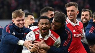 <p>BOYHOOD CLUB: Arsenal's English midfielder Reiss Nelson (C) celebrates. Glyn KIRK / AFP</p>