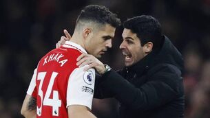 <p>FOND FAREWELL: Arsenal's Spanish manager Mikel Arteta has hailed the impact of Swiss midfielder Granit Xhaka. Pic: IAN KINGTON/IKIMAGES/AFP via Getty Images)</p>