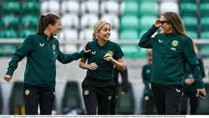 <p>FUN FAREWELL: Republic of Ireland players, from left, Niamh Fahey, Denise O'Sullivan and Grace Moloney walk the pitch before the women's international friendly match between Republic of Ireland and France at Tallaght Stadium in Dublin. Pic: Brendan Moran/Sportsfile</p>