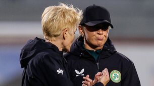 <p>GLUM FACES: Ireland’s Katie McCabe and manager Vera Pauw after the game. Pic: INPHO/Ryan Byrne</p>