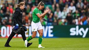 <p>ANKLE INJURY: Katie McCabe leaves the field with an injury during the women's international friendly match between Republic of Ireland and France at Tallaght Stadium. Pic: Stephen McCarthy/Sportsfile</p>