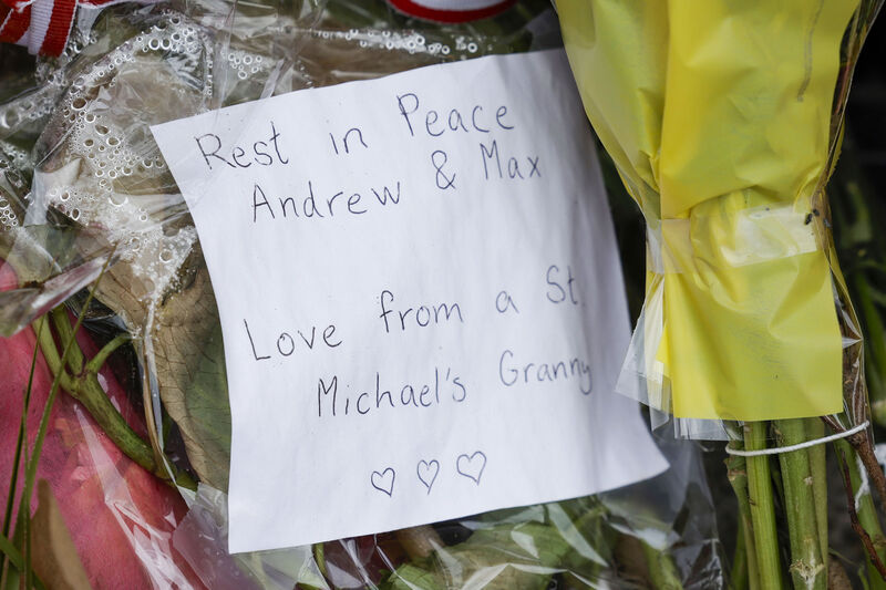 Messages and Floral tributes to Andrew O'Donnell and Max Wall. Picture: Conor Ó Mearáin /Collins Dublin
