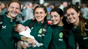<p>FAREWELL: Republic of Ireland players, from left, Courtney Brosnan, Sinead Farrelly, Marissa Sheva and Heather Payne, with Harry Byrne, age 5 weeks, from Dublin city, at Dublin Airport ahead of the Republic of Ireland's flight to Australia. Pic: Stephen McCarthy/Sportsfile</p>