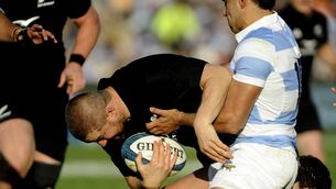 <p>New Zealand's Ethan de Groot (L) is tackled by Argentina's Santiago Carreras (R) during the Rugby Championship 2023 first round match between Argentina's Los Pumas and New Zealand's All Blacks at the Malvinas Argentinas stadium in Mendoza, Argentina, on July 8, 2023. (Photo by Andres Larrovere / AFP) (Photo by ANDRES LARROVERE/AFP via Getty Images)</p>