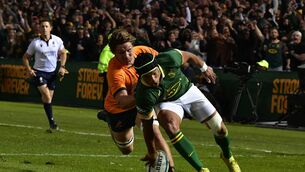 <p>PRETORIA, SOUTH AFRICA - JULY 08: Kurt-Lee Arendse of South Africa scores a try during the Rugby Championship match between South Africa and Australia at Loftus Versfeld Stadium on July 08, 2023 in Pretoria, South Africa. (Photo by Sydney Seshibedi/Gallo Images/Getty Images)</p>