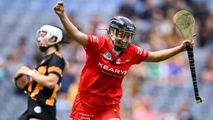 <p>WHEELING AWAY: Amy O'Connor of Cork celebrates after scoring her side's first goal during the All-Ireland quarter-final against Kilkenny at Croke Park. Pic: Piaras Ó Mídheach/Sportsfile</p>