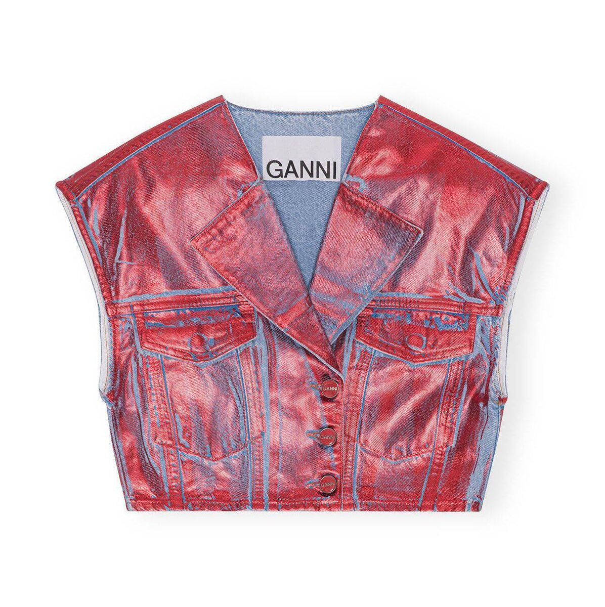 Cropped Red Foil Denim Vest, €227.50, Ganni Cropped Red Foil Denim Vest, €227.50, Ganni