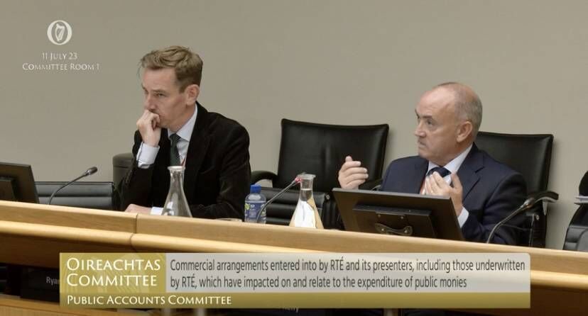 Screenshot taken from Oireachtas TV of RTE's star presenter Ryan Tubridy and his agent Noel Kelly giving evidence to the Public Accounts Committee at the Dail.