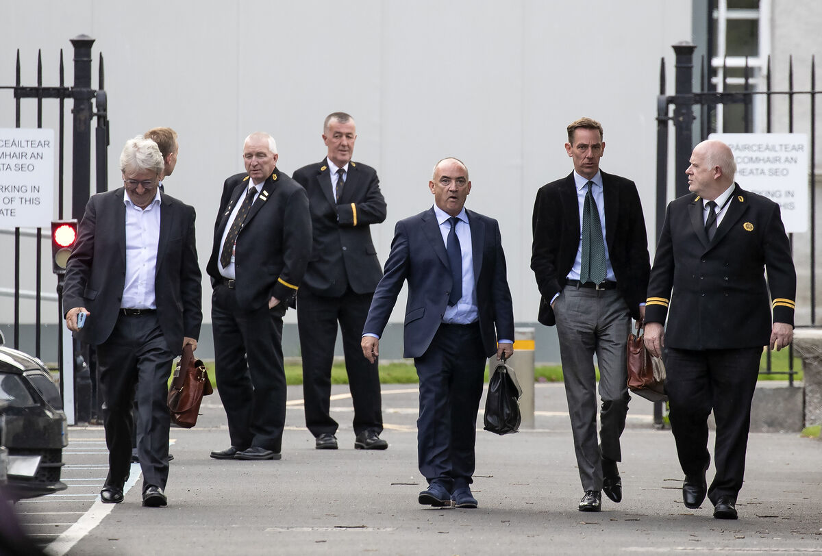 Ryan Tubridy and Noel Kelly and thei legal and PR team pictured leaving the Public Accounts Committee this evening. Picture: Colin Keegan, Collins