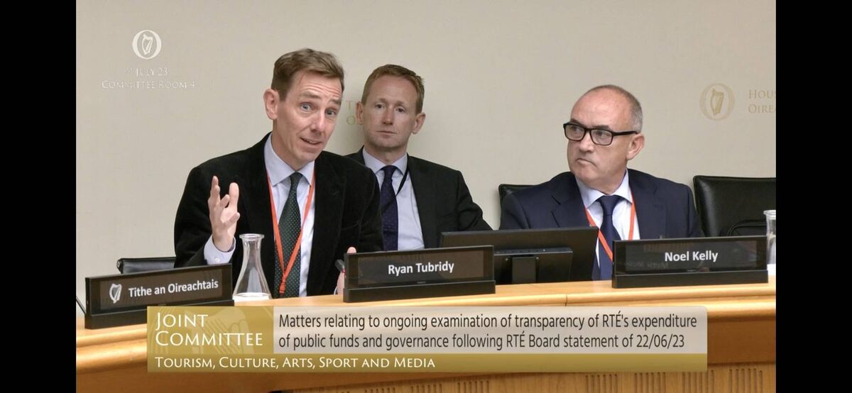 Screenshot taken from Oireachtas TV of RTE's star presenter Ryan Tubridy and his agent Noel Kelly being questioned at the Joint Committee of Tourism, Culture, Arts, Sport and Media. Photo: Oireachtas Tv