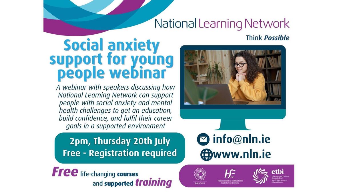 National Learning Network is hosting a free webinar on social anxiety on Thursday, July 20, at 2pm. National Learning Network is hosting a free webinar on social anxiety on Thursday, July 20, at 2pm.