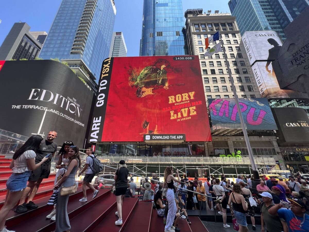 A billboard in Times Square in New York in 2023 advertising the Rory Gallagher album, All Around Man – Live In London.