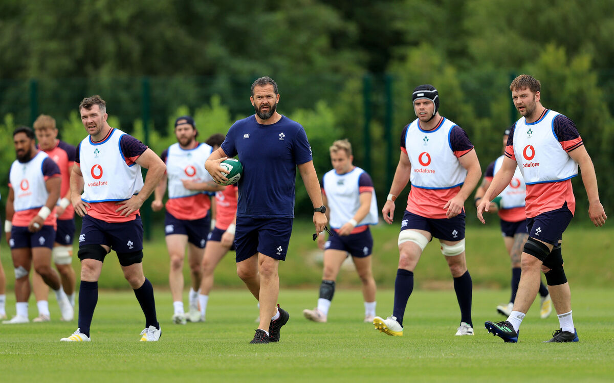 PREP: Peter O’Mahony, Head Coach Andy Farrell, James Ryan and Iain Henderson. Pic: ©INPHO/Dan Sheridan
