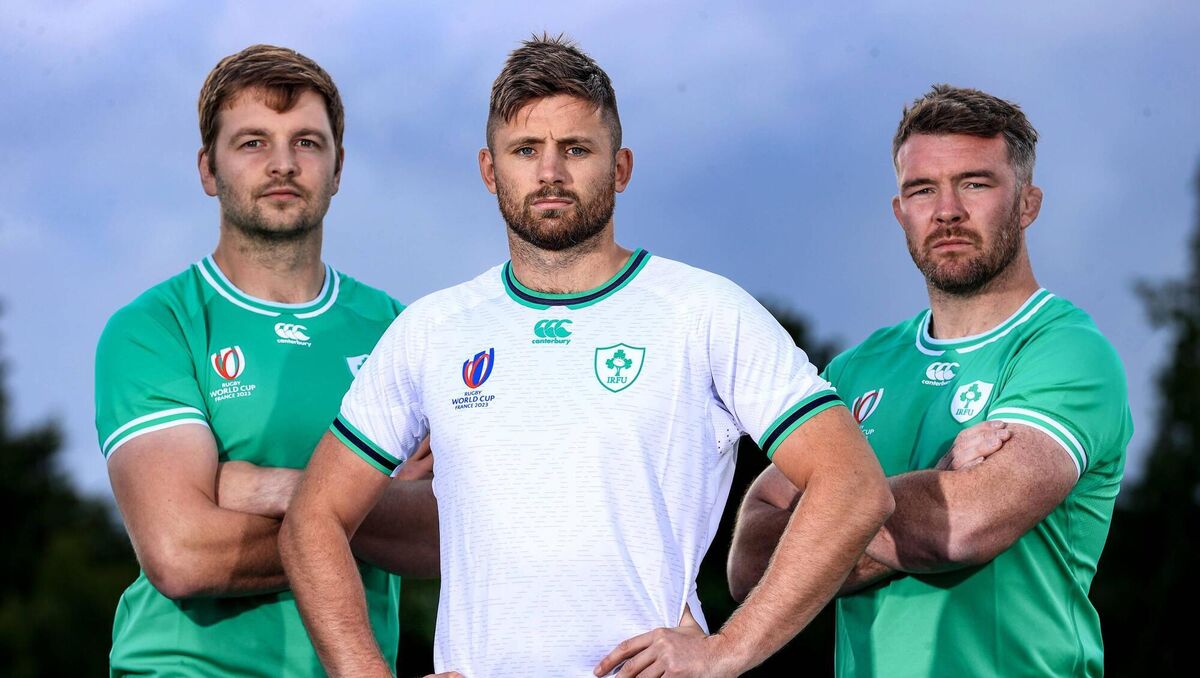 Irish internationals Peter O’Mahony, Iain Henderson, and Ross Byrne are pictured at the launch of the new jerseys, which are on sale.