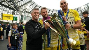 <p>REMATCH: La Rochelle Head Coach Ronan O'Gara celebrates with the trophy.</p>