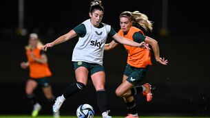 <p>Marissa Sheva, left, and Jamie Finn during a Republic of Ireland women's training session at Meakin Park in Brisbane, Australia, ahead of the start of the FIFA Women's World Cup 2023. Kickoff on Thursday morning, with Ireland versus the hosts; 11am; RTÉ 2</p>