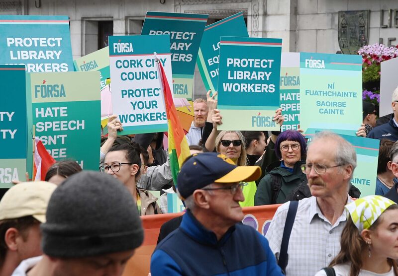 A crowd outside Cork City Library for last week's solidarity rally in support of Cork City Library staff. Picture: Denis Minihane A crowd outside Cork City Library for last week's solidarity rally in support of Cork City Library staff. Picture: Denis Minihane