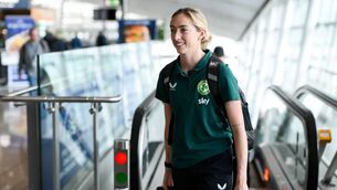 <p>7 July 2023; Megan Connolly at Dublin Airport ahead of the Republic of Ireland's flight to Australia for the FIFA Women's World Cup 2023. Pic: Stephen McCarthy/Sportsfile</p>