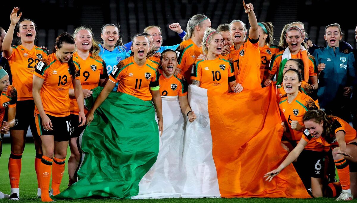 The Republic of Ireland Women's National Team celebrate their entry to the Women's World Cup. Pic: INPHO/Ryan Byrne