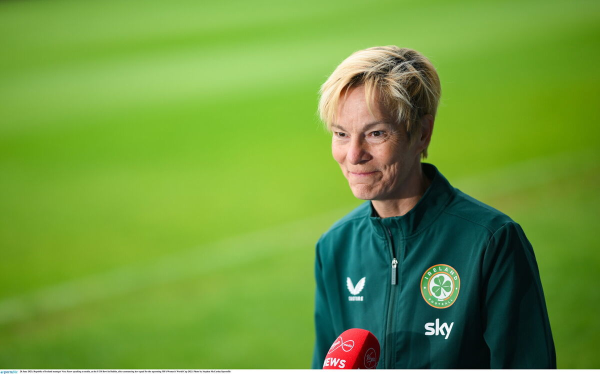 Republic of Ireland manager Vera Pauw speaking to media, at the UCD Bowl in Dublin, after announcing her squad for the upcoming FIFA Women's World Cup 2023. Pic: Stephen McCarthy/Sportsfile