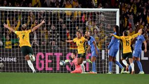<p>YELLOW WALL: Australia's Mary Fowler celebrates scoring against France at Marvel Stadium in Melbourne. Picture: WILLIAM WEST/AFP via Getty Images</p>