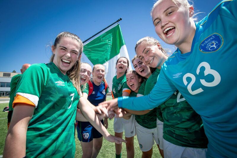 Ireland players celebrate reaching the Ladies Homeless World Cup semi-finals. Pic credit: Sean Kavanagh.
