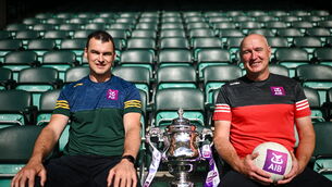 <p>DECIDER: Former Meath player, Paddy O'Rourke, left, and former Down footballer, Conor Deegan pictured ahead of the 2023 Tailteann Cup Final which takes place this Saturday in Croke Park. Pic: Ramsey Cardy/Sportsfile</p>