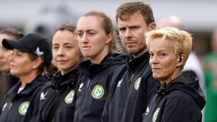 <p>VERA's ARMY: Republic of Ireland manager Vera Pauw with her coaching staff. Photo credit: Brian Lawless/PA Wire.</p>
