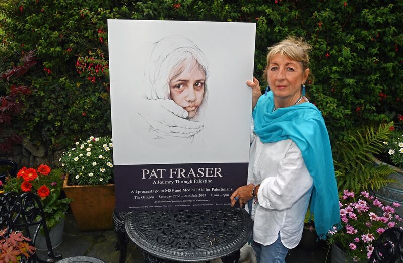 Artist Pat Fraser outside her studio near Baltimore, Co. Cork, with her study in watercolour and pencil of a young girl in the West Bank which will feature in her exhibition "A journey through Palestine" which will run from July 22nd to July 24th (10am-6pm) at Inish Beg Estate, Baltimore.