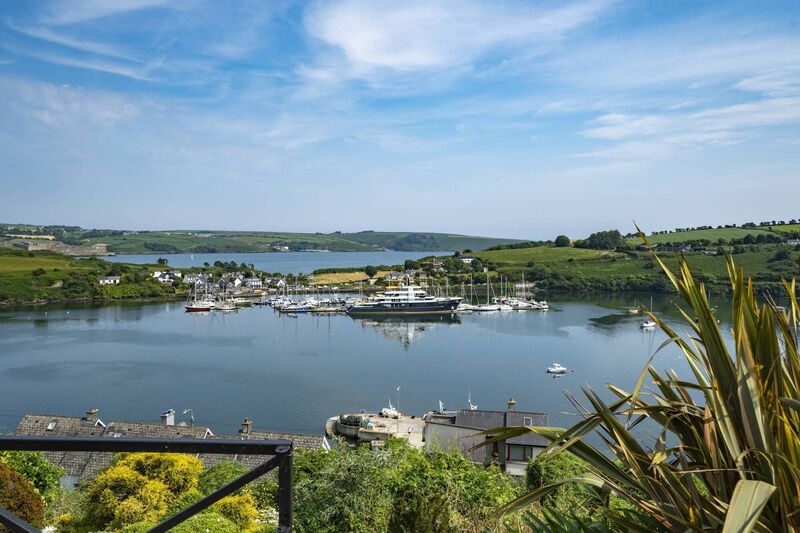 Superyacht Scout seen in Kinsale's Castlepark last month, with Summercove and Charles Fort in the distance. The boat's owner has been linked to a multi-million euro Kinsale house agreed purchase