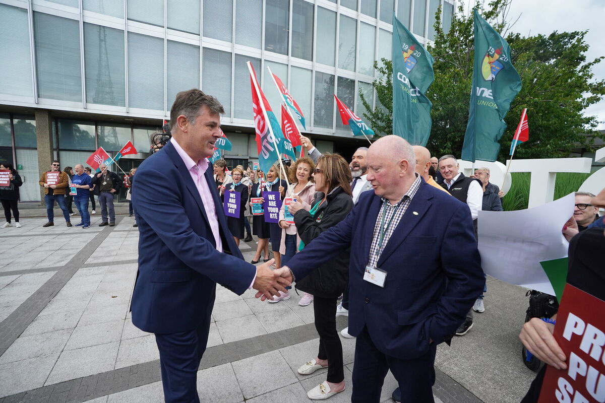 RTÉ director general Kevin Bakhurst meeting National Union of Journalists Irish secretary Seamus Dooley on the RTÉ campus on Wednesday. Picture: Niall Carson/PA  
