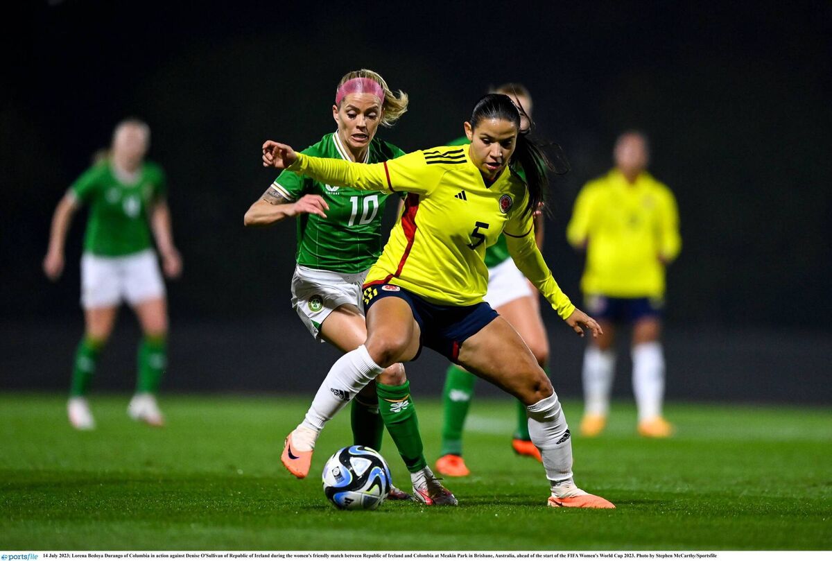 Lorena Bedoya Durango of Columbia in action against Denise O'Sullivan of Republic of Ireland during the women's friendly match between Republic of Ireland and Colombia at Meakin Park