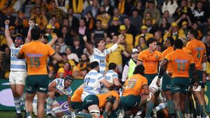 <p>GET IN: The Pumas celebrate a try by Juan Martin Gonzalez during The Rugby Championship match between the Australia Wallabies and Argentina at CommBank Stadium. Pic: Jason McCawley/Getty Images</p>