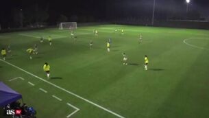 <p>Colombia tackle on Denise O'Sullivan</p>