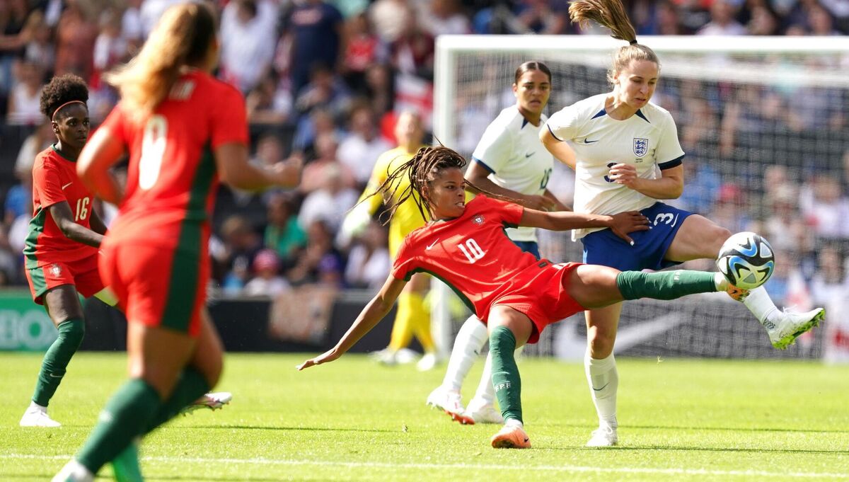 Portugal's Jessica Silva battles for the ball. Photo credit: Martin Rickett/PA Wire.