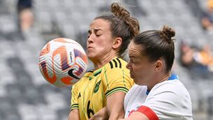 <p>FIGHTING FOR RIGHTS: Jamaica's Havana Solaun (L) fights for the ball with Czechs Andrea Staskova during the 2023 Cup of Nations womens football match between the Czech Republic and Jamaica in Sydney on February 19, 2023.</p>