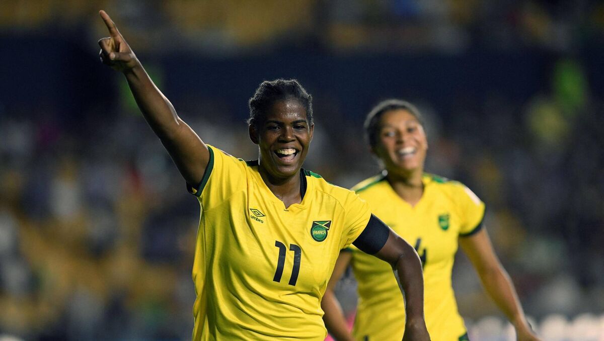 Jamaica's Khadija Shaw celebrates after scoring. (Photo by ALFREDO ESTRELLA/AFP via Getty Images)