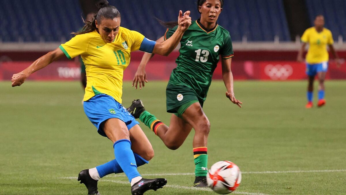 Brazil's midfielder Marta shoots for goal. (Photo by AYAKA NAITO/AFP via Getty Images)