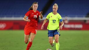 <p>LEADER: Caroline Seger #17 of Team Sweden runs with the ball whilst under pressure from Jordyn Huitema #19 of Team Canada. Pic: Francois Nel/Getty Images</p>